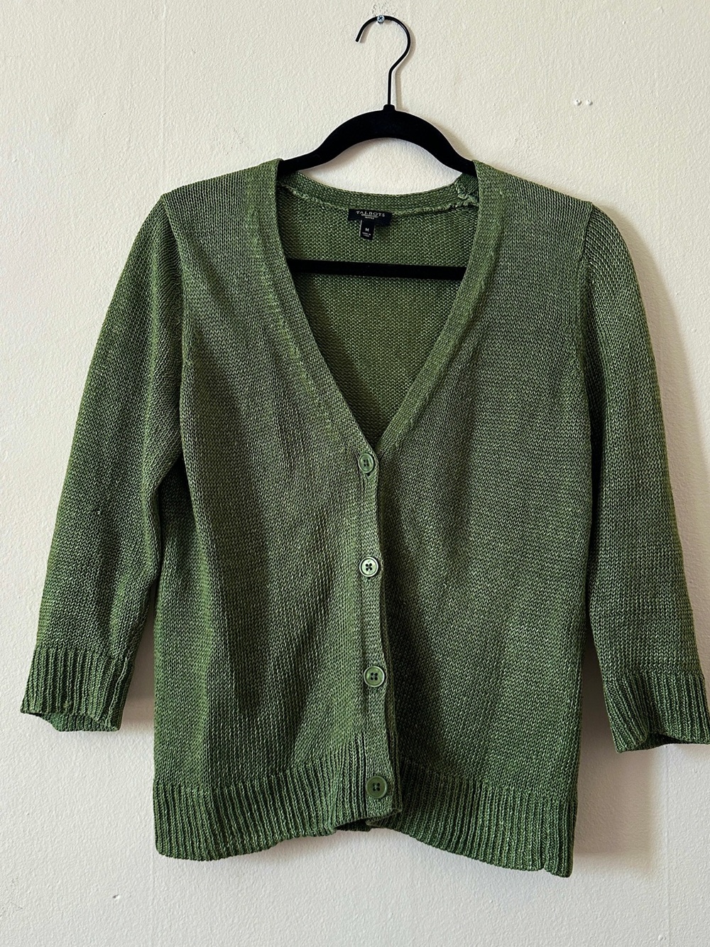 Talbots Olive Green V-Neck Button 100% Linen Cardigan Sweater